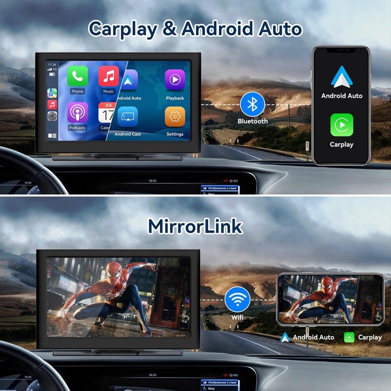 7” Wireless Carplay &Android Auto IPS Touch Screen, Portable Car