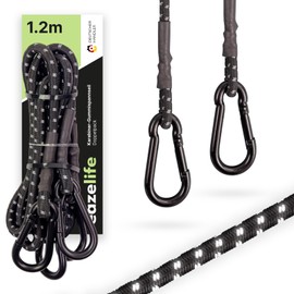 Set of 2 Elastic Straps with Carabiner, 60 cm / 120 cm, Reflective, Extremely Durable, Durable, Safe, Black Expander with Solid Carabiner Hooks for Sun Sail, Outdoor, Bicycle & Car (120 cm)