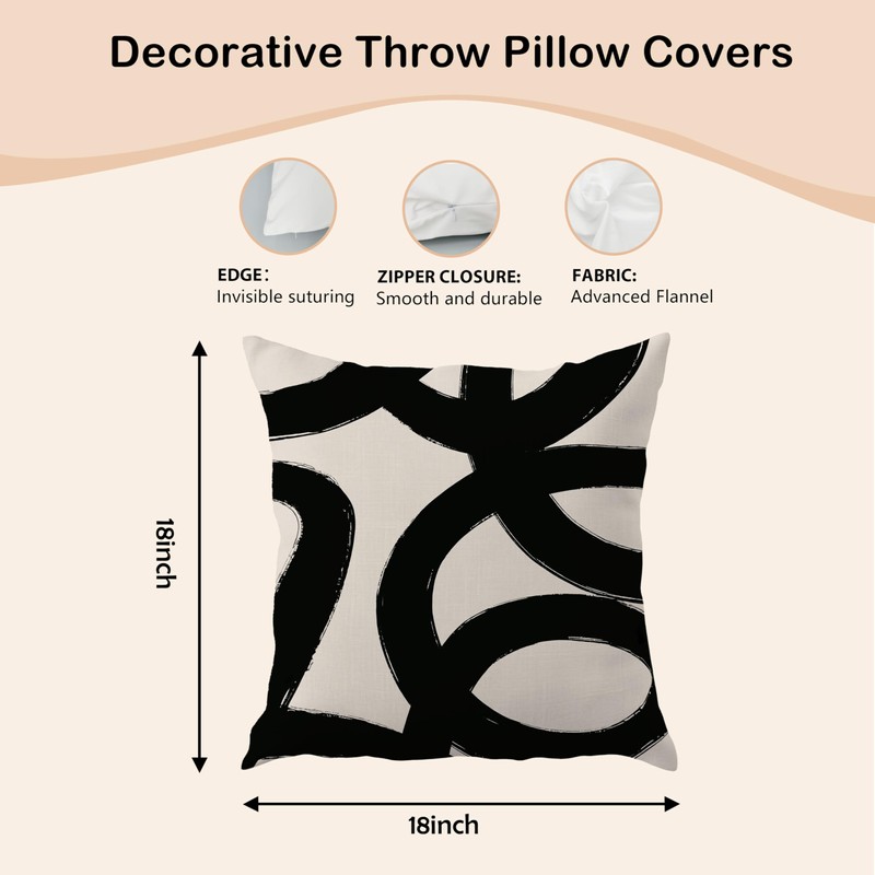 Abstract Modern Black and Beige Pillow Covers 18x18, Boho Home