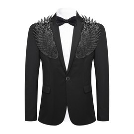Cloudstyle Men's Wedding Sequin Wing Stage Clothes Premium Suit Jacket Blazer Coat, Black Black, Small