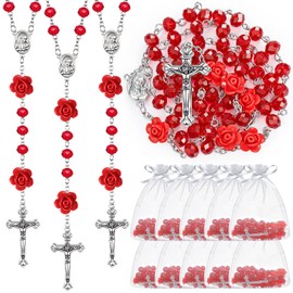 ROCEEI 12 Pcs Catholic Rosary Beads Necklace for Women Crystal Beads Flowers Necklace Rosaries Prayer Gifts with Organza Bags for First Communion Confirmation Baptism(Red)