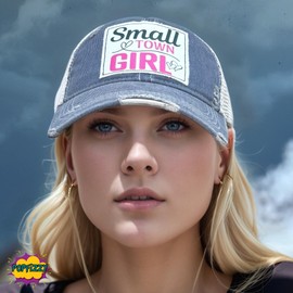 Popfizzy Small Town Girl Hat for Women, Funny Vintage Trucker Hats for Women, Adult Humor Caps, Distressed Mesh Back Caps