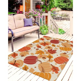 4x6 feet Outdoor Area Rug Non-Slip Carpet, Thanksgiving Fall Maple Leaf and Pumpkin Farmhouse Country Vintage Absorbent Mat Low Pile Rugs for Patio, Backyard, Deck, Picnic, Beach, Camping