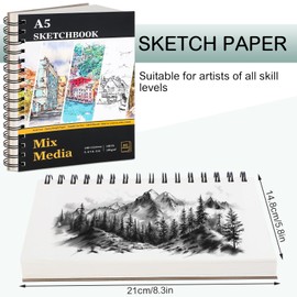 A5 Sketch Book, Mixed Media Sketchbook 60 Sheets / 120 Pages, 160GSM, Spiral Artist Sketch Pad for Sketching, Drawing, Pastel, Acrylic, Craft