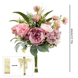 Daily Treasures Fake Artificial Flowers Bouquet for Decoration, Silk Fake Flower Arrangements Wedding Bouquets, Hydrangeas, Peonies and Allium Flowers for Home Kitchen Garden Wedding Party(Pink)