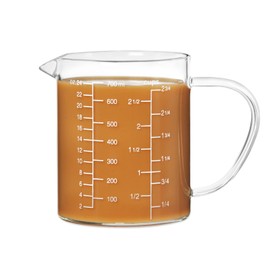 77L Glass Measuring Cup, Clear Liquid Measuring Cup with V-Shaped Spout and Three Scales, High Borosilicate Glass Beaker with Handle for Kitchen or Restaurant, 700 ML (0.7 Liter, 2 3/4 Cup)
