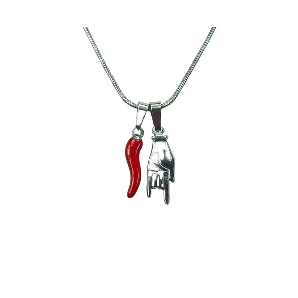 Red Cornicello and Mano Cornuto Necklace, Italian Lucky Hand and