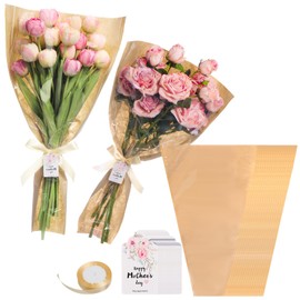 AmazingSpark 101 Pcs Flower Bouquet Wrapping Paper with Ribbon and Mother's Day Gift Tags, 22 x 14. 2 Inches Kraft Floral Sleeves Packing Bags Bulk Flower Supplies for DIY Graduation Wedding