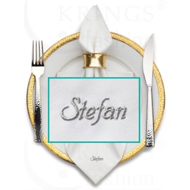 Pack of 6 Fabric Napkins with Embroidered Name; Napkin Colour White, Size 50 x 50 cm, Customise Your Desired Term Now