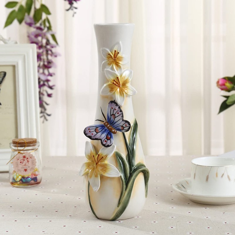 FORLONG Ceramic Vase, Hand-Painted Butterflies and Lilies Flowers Home Decor