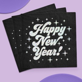 xo, Fetti Black Happy New Year Paper Napkins - Iridescent Foil | 3-ply, 50 pcs | NYE Party Decorations, 2025 Cocktail Napkins, Disposable Party Supplies, Disco Dinner Tablescape Decor