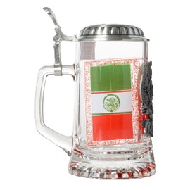 Mexico Metal Icon Ancient Glyph Symbol Aztec Design Glass Beer Stein with Metal Lid and Thumb Lift