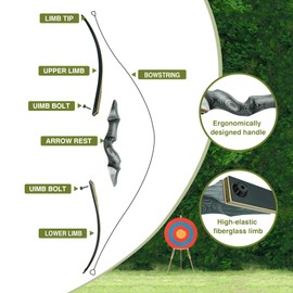 Black Hunter Takedown Longbow, GLURAK 60" Wooden Archery Bow Hunting Bow - Right Hand Bow for Beginner Training Practice, 60lb