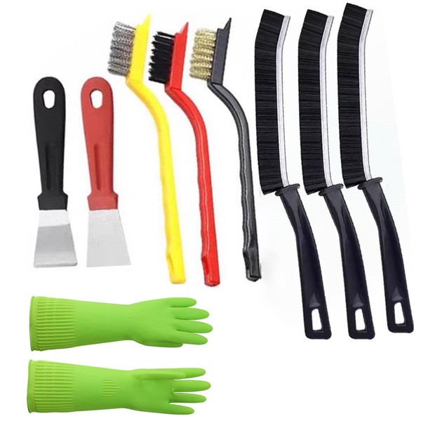 Kitchen Crevice Cleaning Brush Set,Multi Purpose Hard Bristle Brushes,Scraper,Rubber Gloves