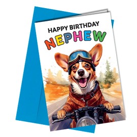Nephew Birthday Card - Cartoon Dog on Motorcycle Design - 350gsm Card Blank Inside #1802