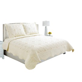 Marina Decoration Embroidered Stitching Coverlet Bedspread Ultra Soft Solid 3 Piece Summer Quilt Set with 2 Quilted Shams, Cream Geometric Circles Color King Size