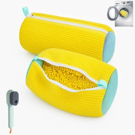 Premium Shoe Care Kit - 2 Reusable Wash Bags + Handy Cleaning Brush - For Trainers & All Shoe Types - Machine Washable & Dryer Safe - Yellow