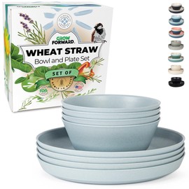 Grow Forward Premium Wheat Straw Plates and Bowls Sets - 8 Unbreakable Microwave Safe Dishes - Reusable Wheat Straw Dinnerware Sets - Plastic Plates and Bowls Alternative for Camping, RV - Glacier