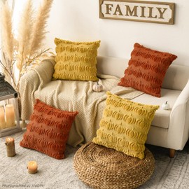 AVOIN colorlife Fall Pumpkin Caramel Ginger Throw Pillow Covers, 18 x 18 Inch Seasonal Autumn Thanksgiving Harvest Soft Plush Faux Fur Jacquard Cushion Case Decoration for Sofa Set of 4