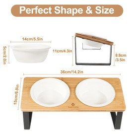 Sunhoo Ceramic Elevated Cat Bowls, Raised Puppy Dishes for Food and Water, Tilted Bamboo Stand for Anti Vomiting, Indoor 5.5 inch Wide Double Dish Orthopedic Anti-Vomiting (Wood Color)