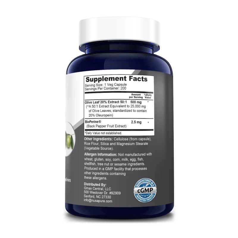 NusaPure Olive Leaf Extract (Non-GMO) 25,000mg - 20% Oleuropein -