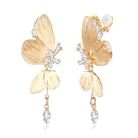 BriLove Cubic Zirconia Butterfly Clip-on Earrings for Women Ear Drop Dangling Wedding Party Prom Daily Wear Trendy Jewelry Accessory Clear Gold-Tone