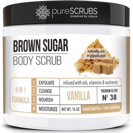 pureSCRUBS Premium Vanilla Brown Sugar Scrub | Face, Feet & Full Body Scrub | Large 16oz Jar Includes Wooden Spoon, Loofah & Mini Exfoliating Bar Soap