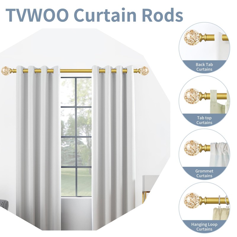 TVWOO Gold Decorative Crystal Curtain Rods 2 Pack:18-45" Heavy Duty