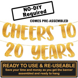 TOYVENTURES Cheers to 20 Years Gold Glitter Banner - Happy 20th Birthday Party Decorations 8 Feet, 20th Wedding Anniversary Party Supplies - Milestone Celebration Decor - Pre-strung, No DIY Required