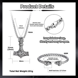JeweBella Thor's Hammer Necklace Viking Wolf Head Bracelets Set for Men Mjolnir Stainless Steel Necklace Bracelets Cuff Odin Pendant Thors Necklace Viking Men's Jewellery, Stainless Steel