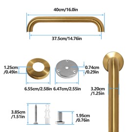 Rackickyer Shower Grab Bar, 2 Pack 16 Inch Gold Bathroom Safety Bar, 1.25" Diameter 304 Stainless Steel Grab Bars for Bathtubs and Showers, Handicap Shower Grab Bar for Seniors Elderly