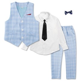 LOLANTA 5-Piece Kid Boys Waistcoat Suit Set, Page Boy Checked Wedding Birthday Party Gentleman Suits, Vest Pants Shirt Bow Tie Formal Wear Outfits（Blue, 5-6 Years, Tag Size 120