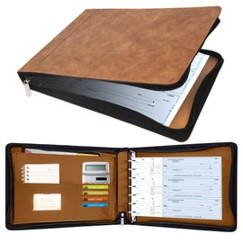 Antner Zippered 7 Ring Business Checkbook Binder Portfolio for 3-on-a-Page Business Checks, 600 Checks Capacity, PU Leather Check Book Binder Cover for 9x13 Sheets, Built-in Storage Organizer, Brown