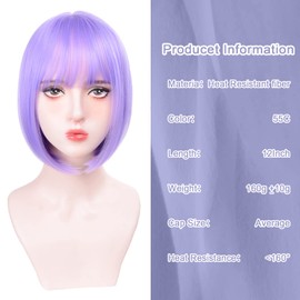 Short Bob Wigs With Bangs - Straight bob wig for women Lavender Purple 12inch Synthetic wig Heat Resistant Fiber Hair Natural and stylish look suitable for cosplay parties…