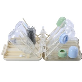 Baby Bottle Scrubber 6-in-1 Bottle Brush Set with Silicone Brush, Nipple Cleaner, Straw Brush, Soap Dispenser, Storage Box and Drying Rack Ideal Bottle Cleaner Kit for Home and Travel (Creamy)