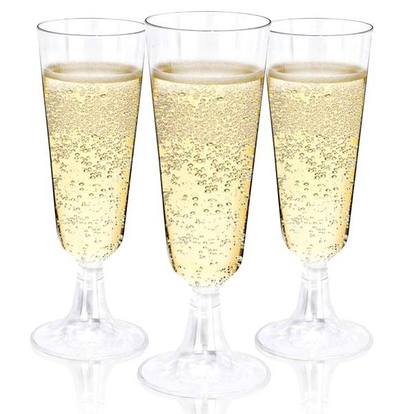 BUCLA 100 Pack Clear Plastic Champagne Flutes- 5OZ Plastic Champagne Glasses- Premium Quality Clear Disposable Cups-Ideal for Parties& Weddings