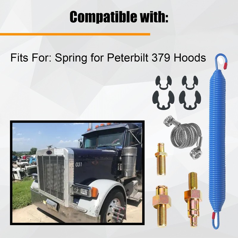 Hood Spring,Cable and Stud Bolts w/Retaining Rings Compatible with Peterbilt