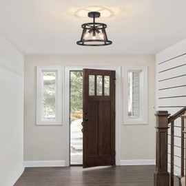 3-Light Industrial Semi Flush Mount Ceiling Light, Modern Black Kitchen Hallway Light Fixtures, Farmhouse E12 Ceiling Lamp for Entryway Foyer Passway Bedroom Closet Laundry Room Lighting, UL Listed