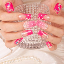 LOVFUL Press on Nails Pink Typhoon| Handmade with Full Covered Crystals | Reusable Fake Nails | Square Regular 1.0 in | H38-L