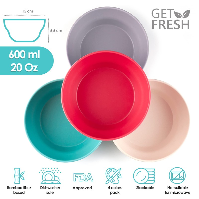 GET FRESH Bamboo Bowls 4 Pack, Bamboo Fiber Dinnerware Set,