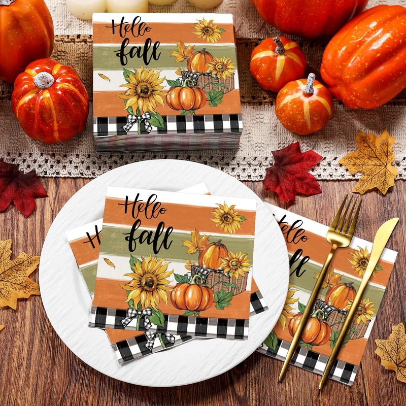 Epakh 200PCS Fall Disposable Paper Decorative Guest Napkins, Pumpkin Sunflower