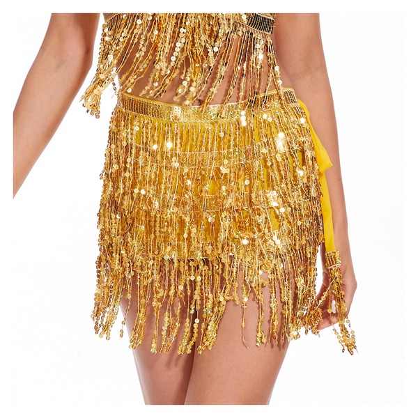 Women Sequin Hip Skirt Fringe Skirts Tassel Wrap Scarf Party Rave Festival Outfit Gold S