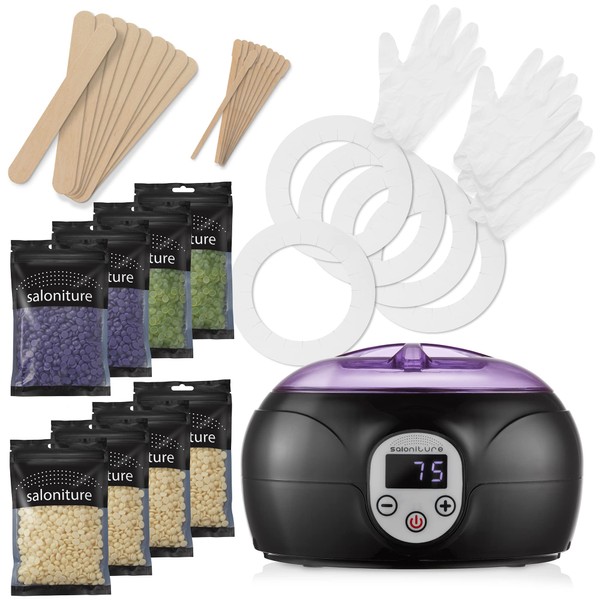 Saloniture Home Waxing Kit with Wax Warmer Machine for Hair Removal with Digital Display - Black with Purple Lid