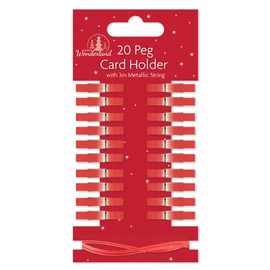Quickdraw 20 Wooden Peg Christmas Card Holders with Metallic String Festive Card Display Decoration (Red)