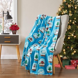 Christmas Holiday Fleece Throw Blanket, Velvety Soft, Blue White Snowglobe Design, 50 x 70 inches