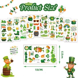 Tsathoggua107 Styles St Patricks Day Decorations Temporary Tattoos, 10 Sheets St. Patrick's Day Tattoo Stickers, Shamrock Leprechaun Hat Irish Flags, Irish Party Supplies, St Patricks Day Accessories