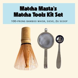 Matcha Masta Matcha Tools Kit Set - Includes: 100-prong Bamboo Matcha Whisk, 2g Stainless Steel Scoop, Stainless Steel Sieve