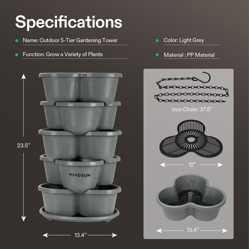 VIVOSUN 5 Tier Vertical Gardening Stackable Planter for Strawberries, Flowers,