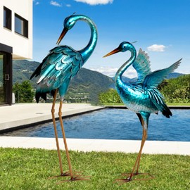 Garden Crane Statues for Outdoor Blue Heron Metal Birds Yard Art Ornaments for Backyard Pond Patio Porch Outside Decorations