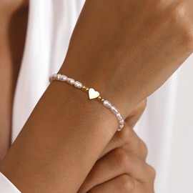 PATISORNA Gold Bracelet for Women 14K Gold Plated Pearl Bracelets for Women Heart Pearl Charm Bracelets Silver